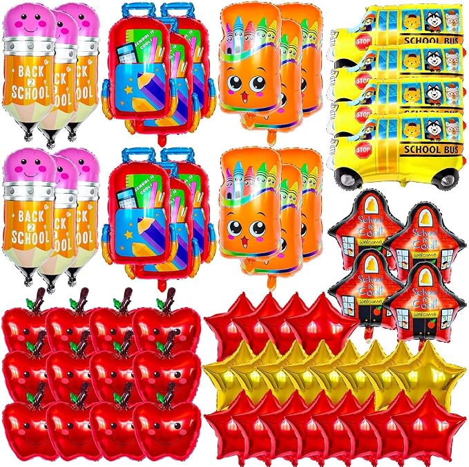 60 Pcs Back to School Balloons, Colorful Bus School Pencil Apple Crayon Foil by ZHWKMYP