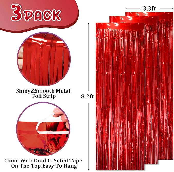 Voircoloria Red Foil Fringe Backdrop Curtains, 2 Pack | Tinsel Streamers - Image 3