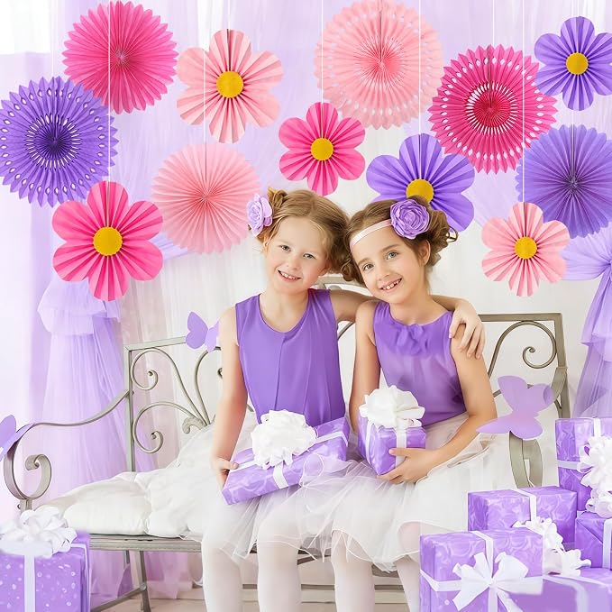 ADLKGG 12 Pcs Pink Purple Party Decorations, Paper Fans Flower Wall | Twelve - Image 4