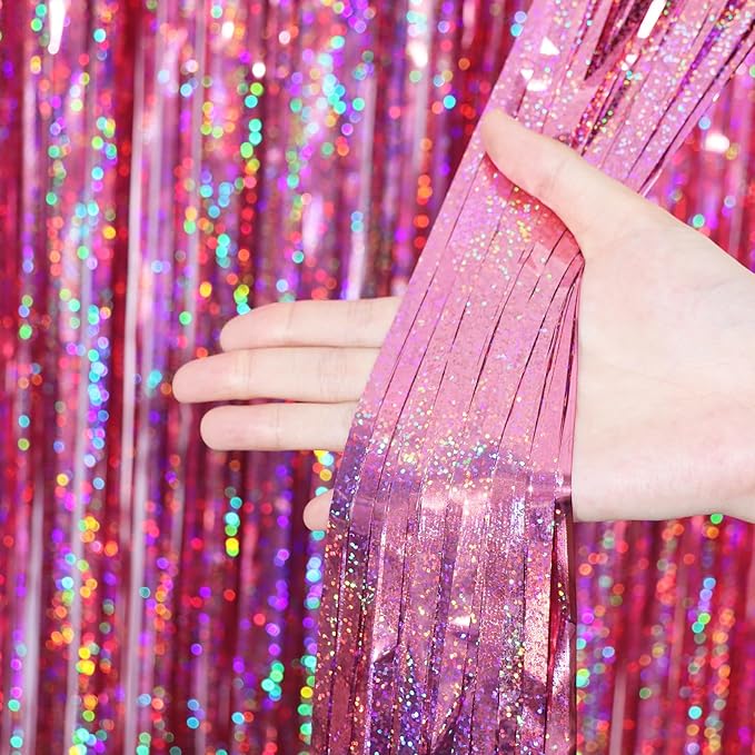 Voircoloria Laser Pink Foil Fringe Backdrop Curtains, 2 Pack | Tinsel Streamers - Image 2
