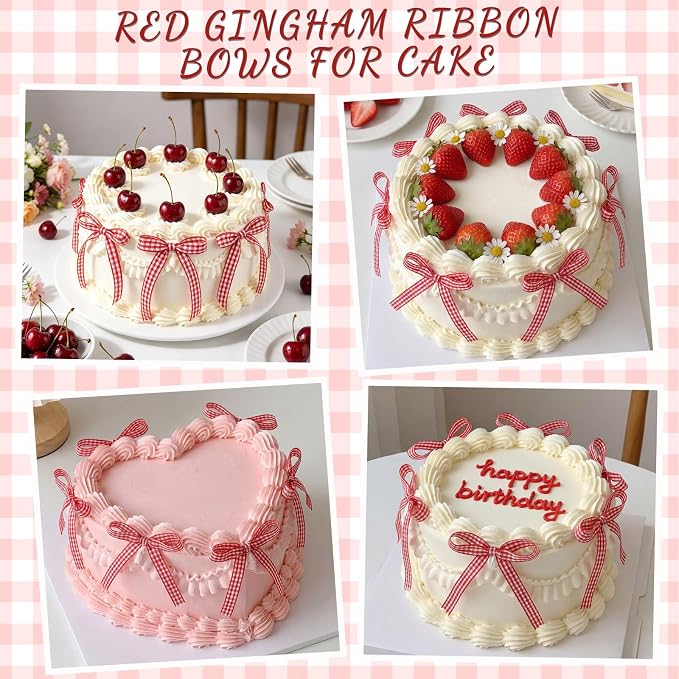 30 Pack Gingham Ribbon Bows for Cake Red Gingham Bow Cake Toppers | Plaid - Image 3