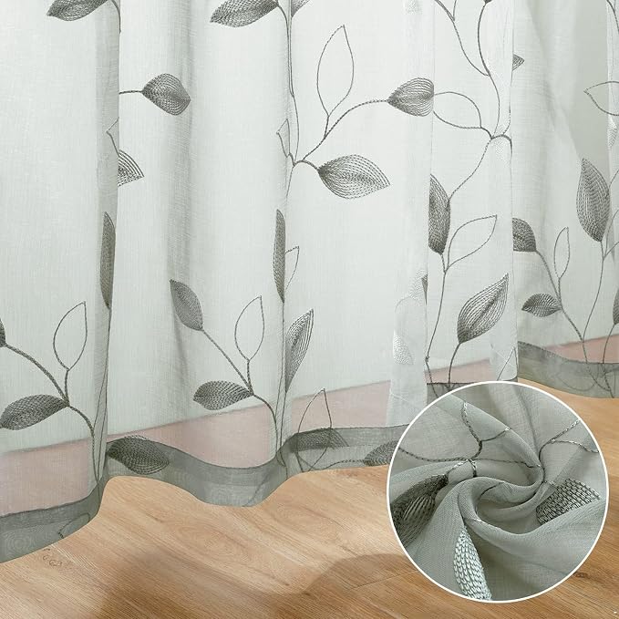 HOMEIDEAS Sage Green Sheer Curtains 52 X 96 Inches Long 2 Panels Embroidered - Image 6