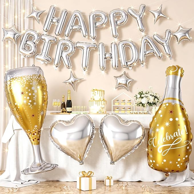 Silver Happy Birthday Balloons Banner, Champagne Bottle Glass Foil Balloon by Hapmori