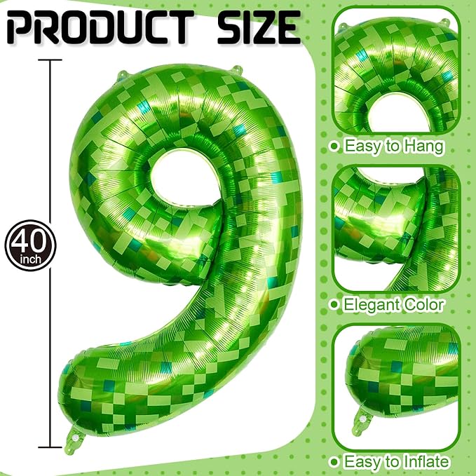 9th Birthday Balloons for Boys, Large Lime Green Pixel Number 9 Balloon - Image 2