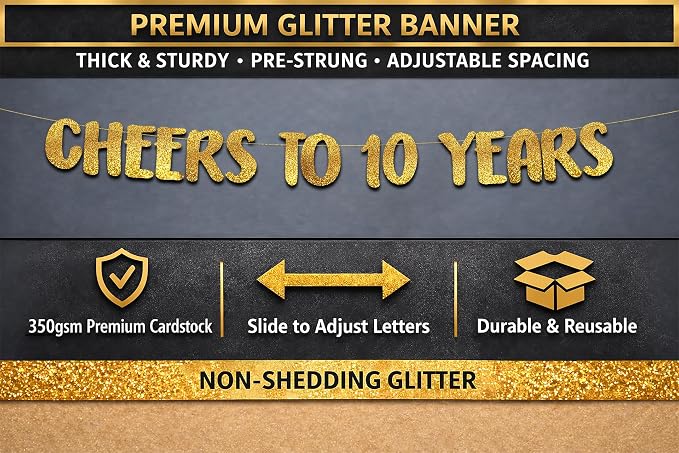 Pre-Strung Cheers to 10 Years Gold Glitter Banner - Image 3