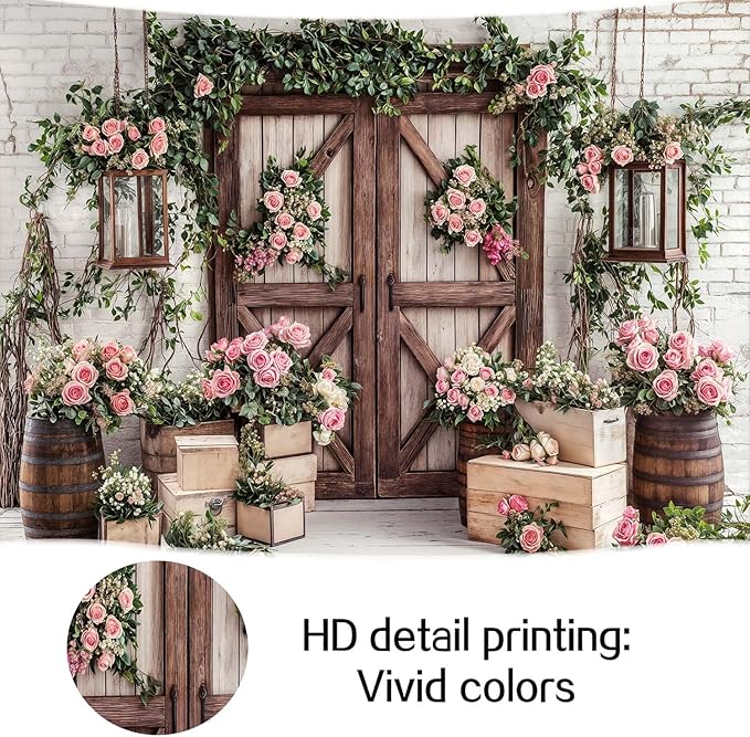 7x5ft Country Wedding Photography Backdrop Floral Rustic Roses Farmhouse Wooden Door Backdrop Pink Flower Birthday Baby Shower Wedding Bridal Party Banner Photo Booth Props Anniversary Background