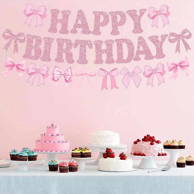 Glitter Pink Bow Happy Birthday Banner Pre-Strung Coquette Birthday Decorations - Image 6