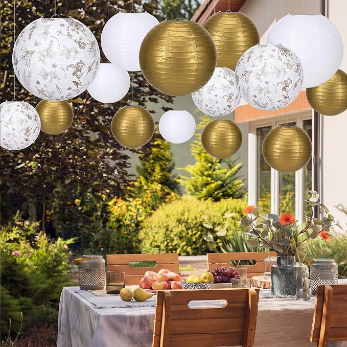 Riakrum 18 Pcs Floral Paper Lantern Set 10" 8" Gold and White Flower Chinese - Image 5