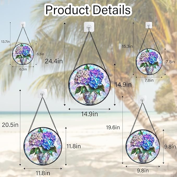 Stained Glass Window Hanging, Blue Purple Hydrangea Flowerpot Suncatcher for Doors Home Sun Catchers Decoration and Christmas, Mother's Day Birthday Gifts for Women, Men, and Mom 11.8 in