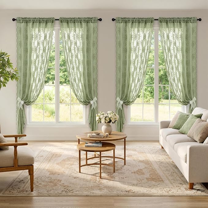 MIULEE Vintage Floral Scalloped Lace Curtains, Sage Green 52" W x 63" L | 2 - Image 2