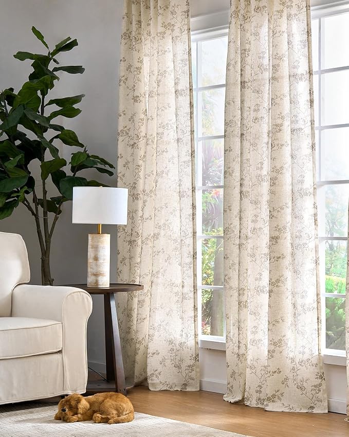 jinchan Taupe Floral Linen Curtains 96 Inch Farmhouse Back Tab 2 Panels | - Image 6