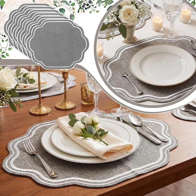 6 Pcs Gray Wedding Placemats Scalloped Embroidered Cotton Linen Placemats 17" x - Image 7