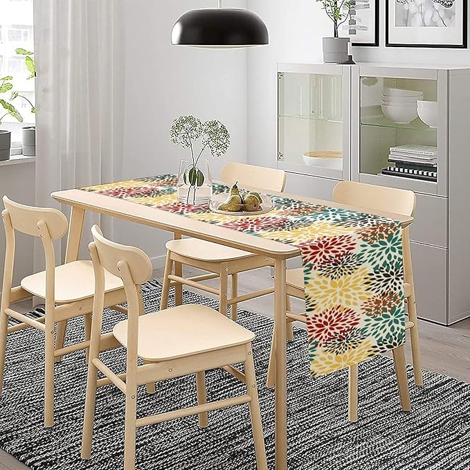 Green Red Dahlia Flower Table Runner Chrysanthemum Geometric Kitchen Dining Bedroom Living Room Table Decor for Indoor Outdoor Home Party, 13x120 Inch