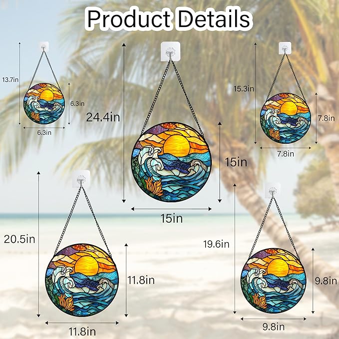 Stained Glass Window Hanging, Orange Sun Blue Sea Waves Landscape Suncatcher for Doors Window Home Sun Catchers Decor Mother's Day Birthday Gifts for Women, Men Mom 15 in