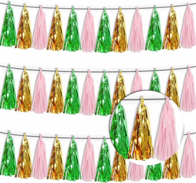 3P Sage-Green Gold Pink Tassel Banner Garland Metallic Foil Fringe Banner by FENGNIAN