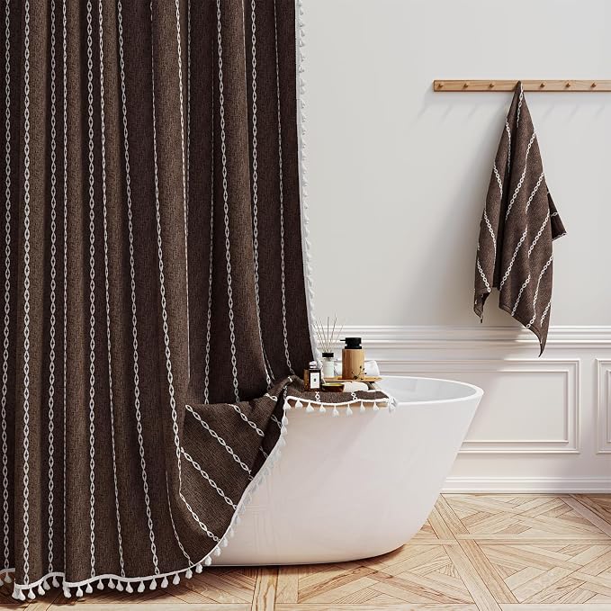 72x84 Long Boho Farmhouse Linen Heavy Duty Shower Curtain Set, 330GSM Linen by ShowerCurtain