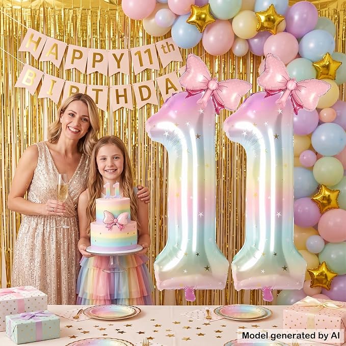 40" Giant Pastel Rainbow Number 11 Balloon Foil Pink Bow Decor Kit | Large 11 - Image 3