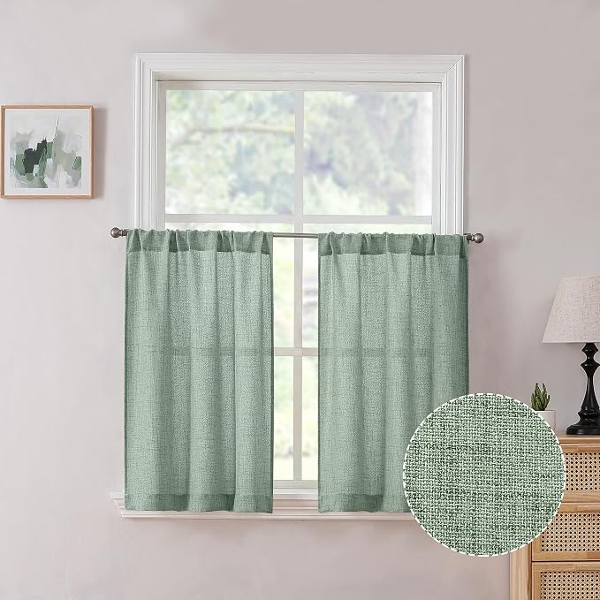 Tollpiz Linen Tier Curtain Rod Pocket Semi Sheer Half Kitchen Curtains Burlap by Tollpiz