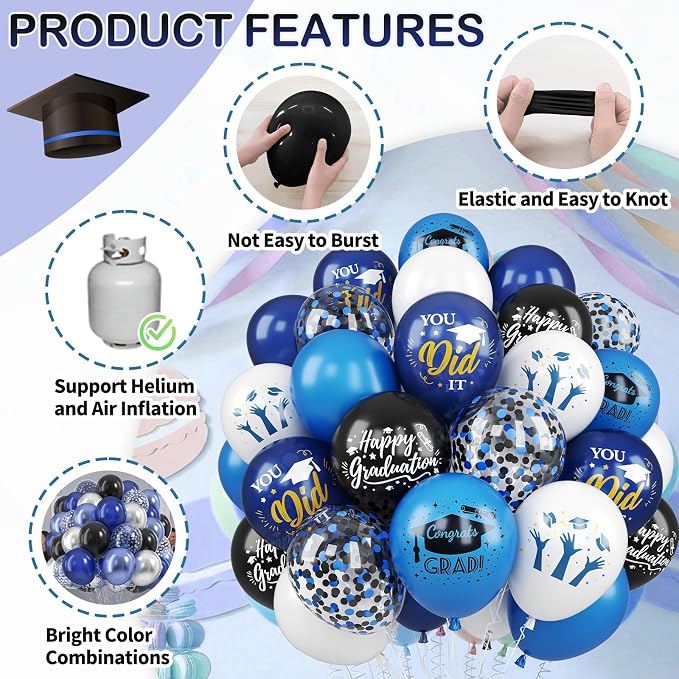 Blue Black White Graduation Balloons, 12 Inch Dark Navy Blue Black Confetti - Image 3