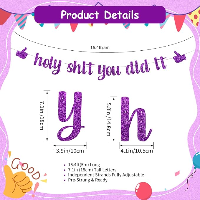 Funny Grad Banner Holy Shit You Did It Banner – Pre-Strung Glitter Graduation - Image 2