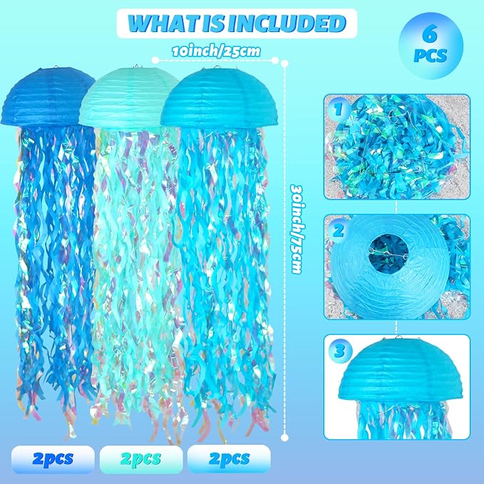 6-Pack Jellyfish Paper Lanterns, Under the Sea Party Decorations | 10-Inch - Image 6