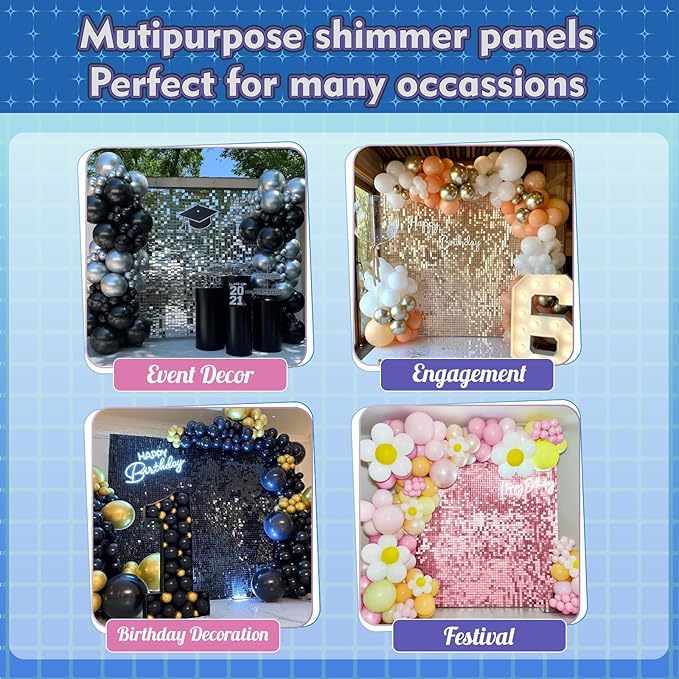 Qcity Pink Shimmer Wall Backdrop 24PCS, Black Back Not See-Through Design, Square Sequin Glitter Backdrop Panel, Perfect for Outdoor Events, Birthdays, Wedding and Party Decoration