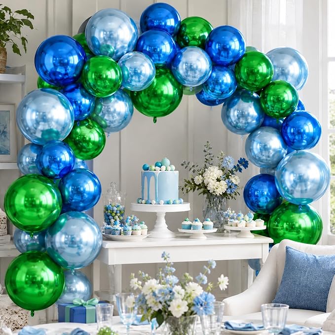 Blue and Green Round Foil Balloons, Metallic Light Blue and Green Foil Baloon - Image 5