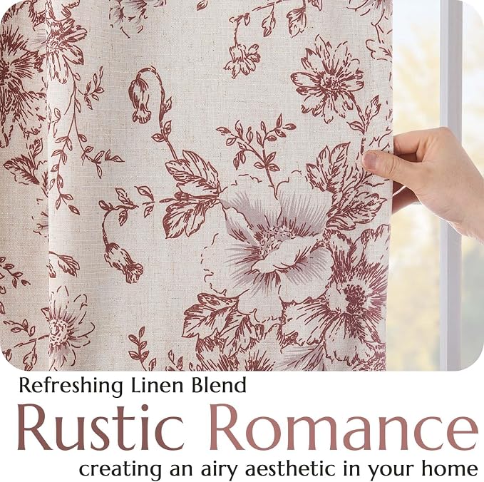 jinchan Red Floral Linen Blackout Curtains Lined 63 Inch Back Tab 2 Panels | - Image 5