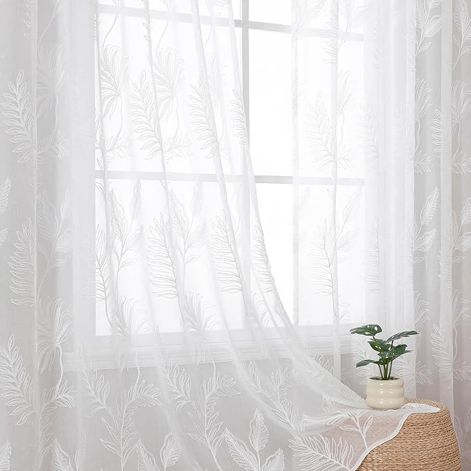 White Sheer Curtains Embroidered Leaf 2 Panels 96 Inches Long | Light Filtering by VISIONTEX