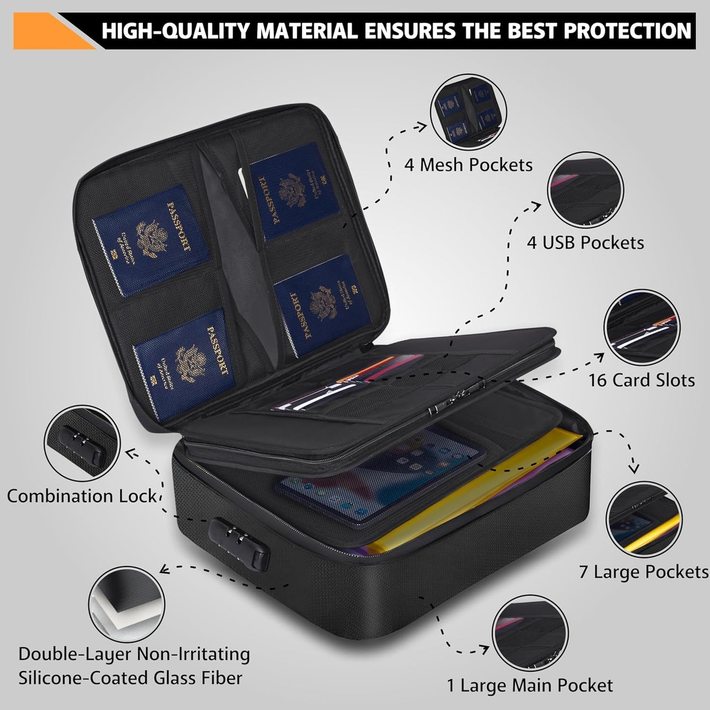 Fireproof Document Bag with Lock - 2000°F Heat Resistant & Waterproof Document Bag with 3 Layers, Portable Fire Proof File Box for Documents, Laptop, Passports & Certificates - Home & Travel - Black