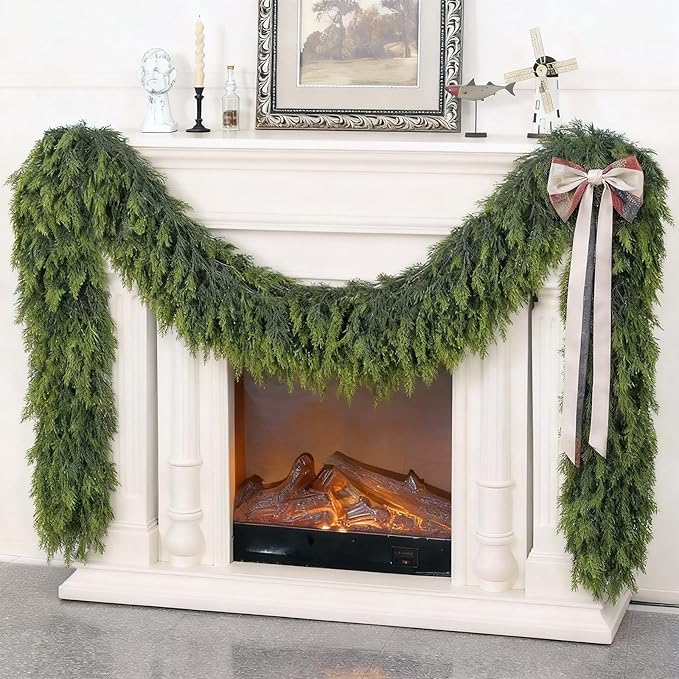 9FT Real Touch Cedar Garland - Artificial Christmas Garland Fake Green Faux Thick and Lush Pine Needles Garlands for Table Fireplace Mantle Holiday Home Indoor Outdoor Decor (2PCS)
