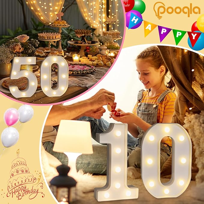 Pooqla Decorative LED Light Up Number Letters, White Plastic Marquee Number Lights Sign for 91th Birthday Party Wedding Decor, Battery Operated