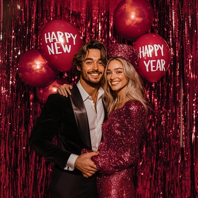 PartyWoo Red Foil Fringe Tinsel Streamers Backdrop Curtain 2pcs 8.2FT | Red - Image 6