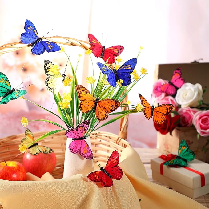 Ysleen 12 Set Monarch Butterfly Decoration Artificial Butterflies Feather Picks - Image 6
