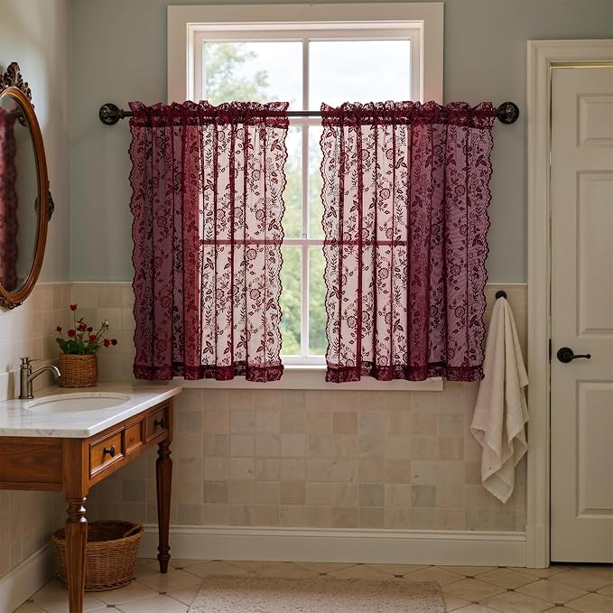 Short Burgundy Lace Curtains Rustic Leaf Floral W42 x L45 Inch 2 Panels | Rod - Image 5