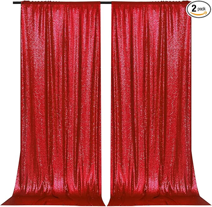 PartyDelight Red Sequin Backdrop Curtains 5x10ft 2 Sparkly Panels | 4 Inch Rod by PartyDelight