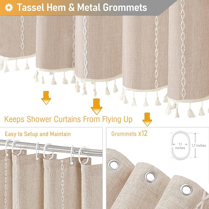 72x96 Extra Long Boho Linen Heavy Duty Shower Curtain Set, Tan/Taupe | Extra - Image 5