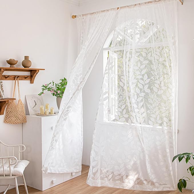 Treatmentex White Lace Sheer Curtains 63inch Vintage Leaf Knitted Window by Treatmentex