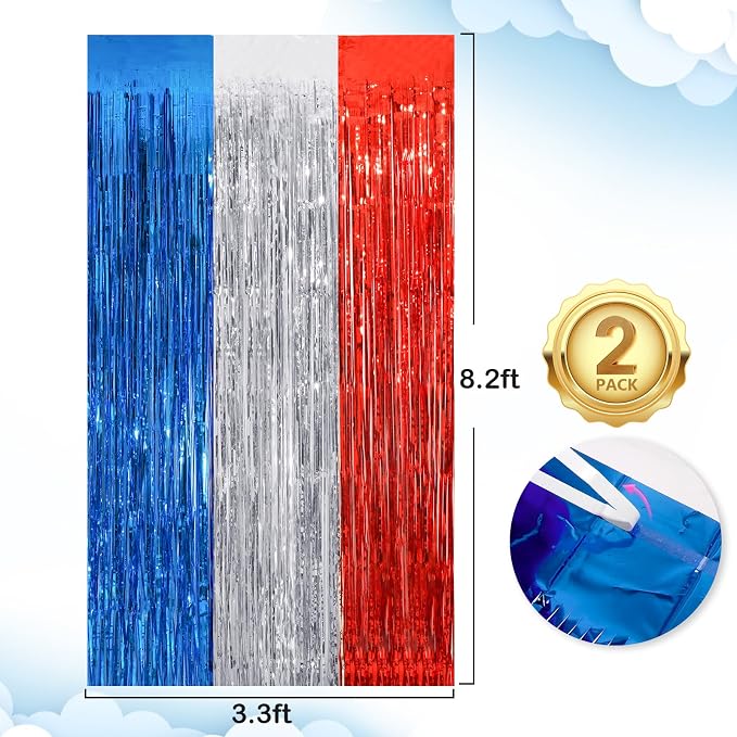 2Pack 3.3 x 8.3Ft Blue Red Silver Foil Fringe Streamers Curtain Metallic Foil - Image 5