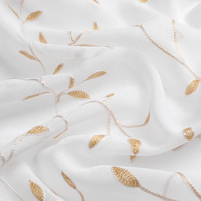 White Sheer Curtains Orange Leaf Embroidery Linen 96 Inches Long | Light - Image 5