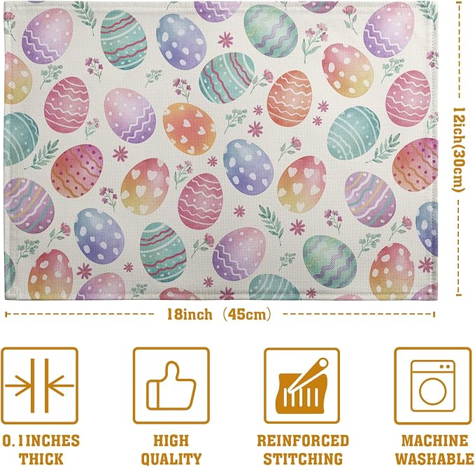 Easter Placemats Set of 4 Watercolor Colorful Eggs Floral Table Mats 12x18 Inch - Image 4
