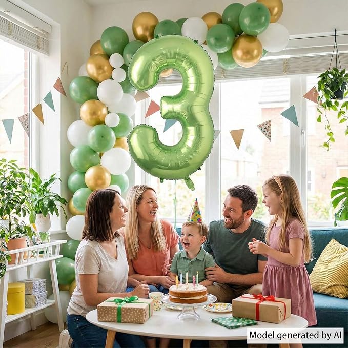 Light Green Number 3 Balloon 40 Inch, Glossy Metallic Foil Party Supplies | - Image 7