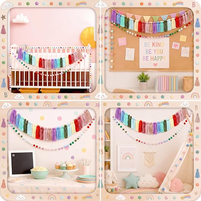 Thiccywoov 2 Pcs 6.5 ft Colorful Teacher Desk Pom Pom Tassel Garland Classroom - Image 7