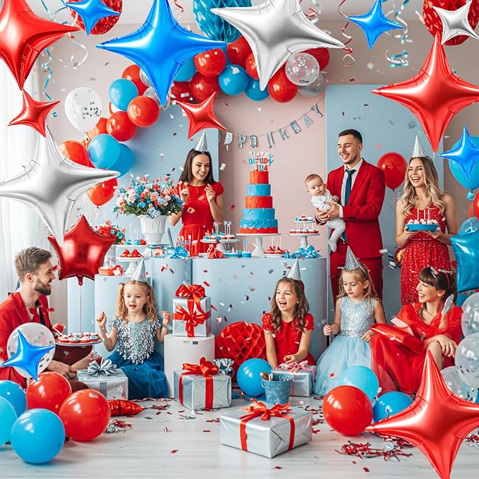TONIFUL 30Pcs Four Pointed Star Balloon Blue Silver Red Foil Balloon | 26In & - Image 4