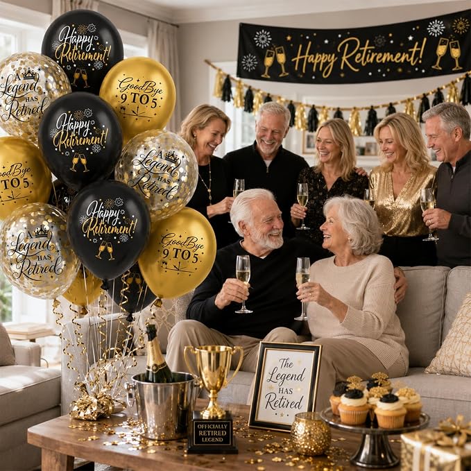 Happy Retirement Balloons Party Decorations, 12 Inch Black and Gold Retirement - Image 3