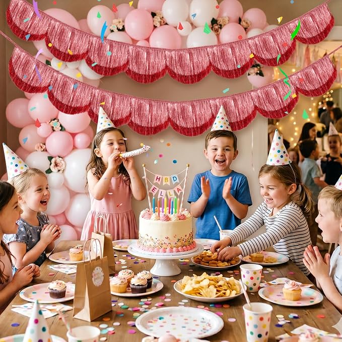 2pcs 6.6ft Flash Pink Fringe Garland Scalloped Tassel Banner 8 Waves Sparkle - Image 7