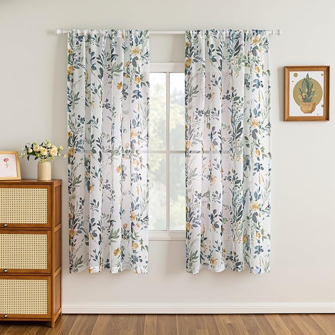 MYSKY HOME Yellow and Blue Floral Sheer Kitchen Curtains 45 Inch Length | Light - Image 2