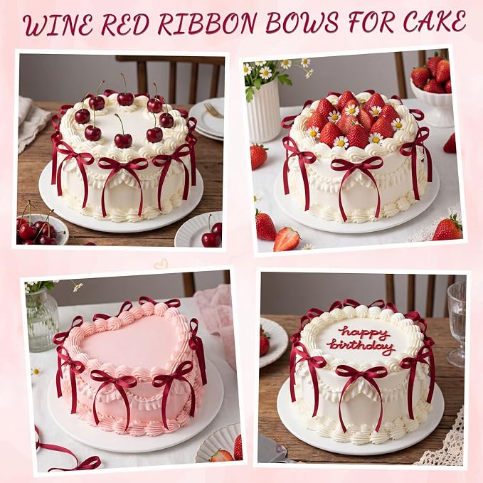 30 Pack Bow Cake Toppers Wine Red Ribbon Bows - Image 4