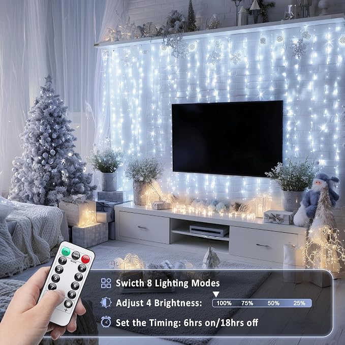 JMEXSUSS 200 LED White Curtain Lights, USB Powered, 6.5ft x 6.5ft | White - Image 2