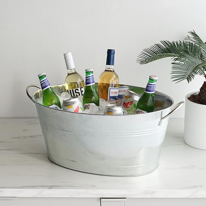 True Galvanized Tub, Large Ice Buckets for Parties, Beverage Cooler for Beer, Wine, Soda, Bottled Water, Rustic Beverage Tub, Drink Bucket for Indoor & Outdoor Party, 6.3 Gal (23.8 Liters), Set of 1